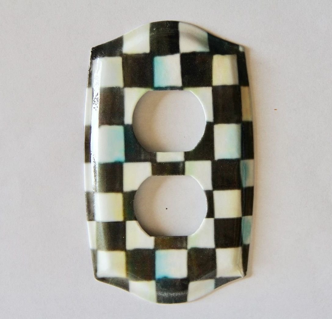 Double Outlet Light Switch Plate w/Mackenzie Childs Courtly Check Paper