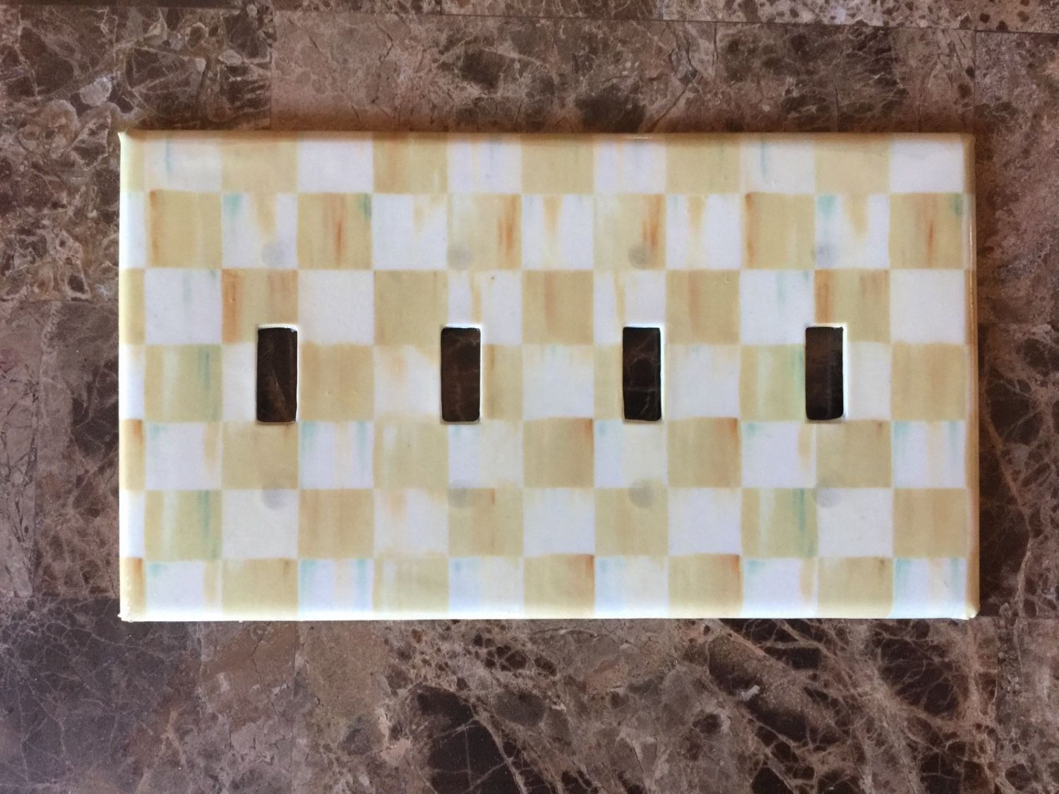 Quad Gang Switch Plate made w/Mackenzie Childs Parchment Check Paper