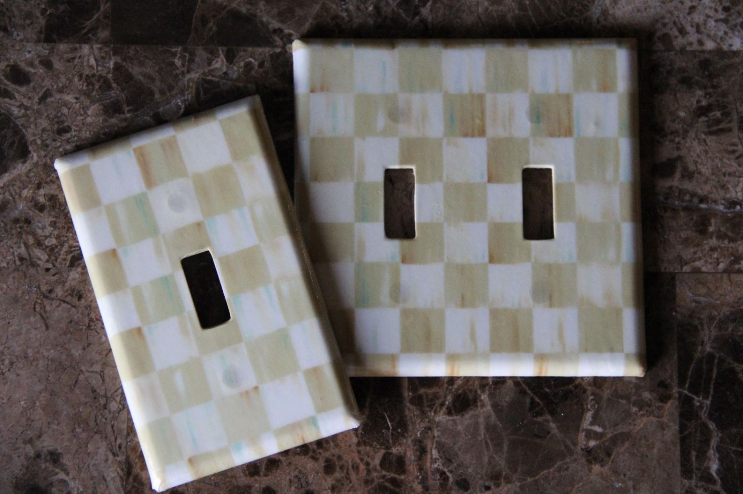 Double 2 Toggle Switch Plate made w/Mackenzie-Childs Parchment Check Paper
