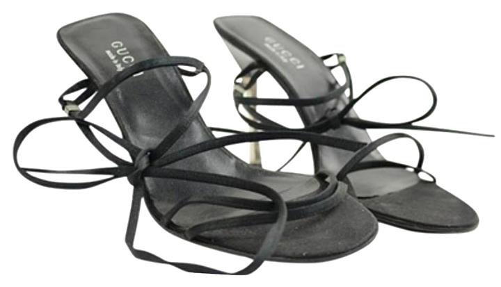Gucci Satin Strappy Stiletto Heels Pumps Ggsl116 Black Silver Sandals