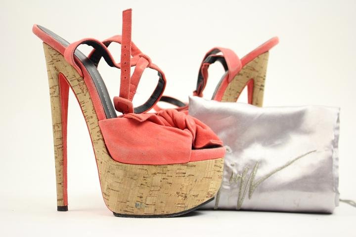 Giuseppe Zanotti Salmon Suede Bow Tie Cork Peep Toe Stiletto Pump Heels Gssty03 Coral Platforms