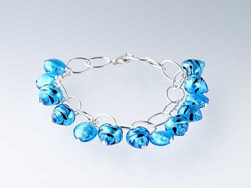 Murano Bracelet Sterling Silver w/ Silverfoil Aqua Bengal Heart