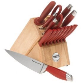KitchenAid 16 Piece Cutlery Set In RED With Natural Wood Block
