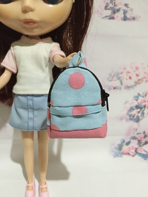 Blue With Pink Big Polka Dot School Bag for 12" Doll /Blythe/Barbie Doll
