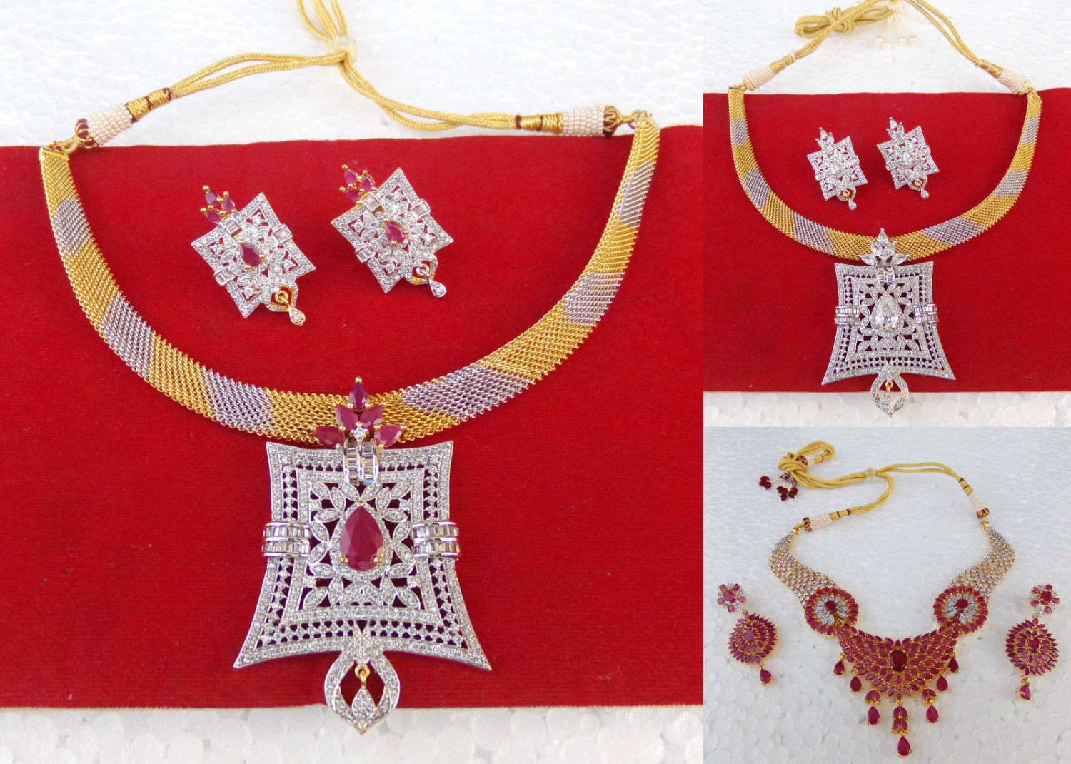 Details about   Ethnic Indian Golden American Diamante Necklace Earrings Bridal Ruby Jewelry Set