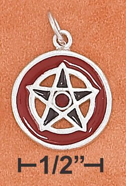 Wiccan Red and Black Enamel Sterling Silver Pentagram Charm w/ Red Crystal