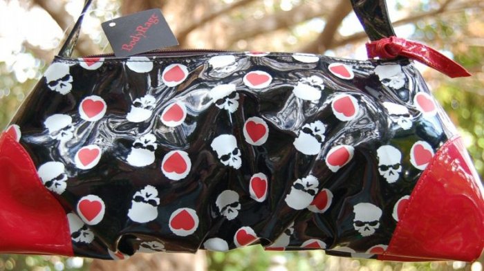 Body Rage Skull & Hearts purse Black White & Red Patent bag