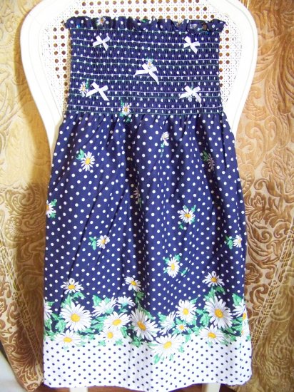 Custom Sundress 4T-5T Navy Blue with White Polka Dot & Daisy