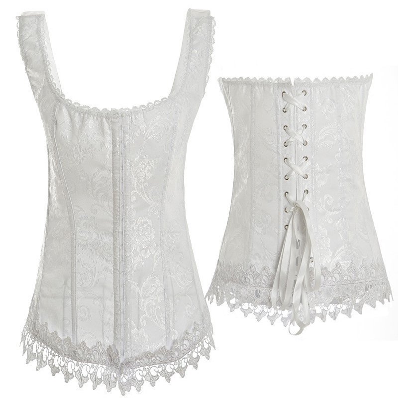 Women White Corsets Satin Body Waist Trainer Floral Bustier Lace Up Lingerie Bodyshaper W580894