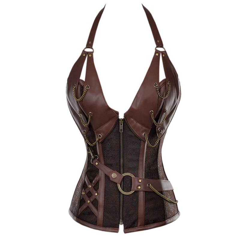 Brown S-6XL Sexy Steampunk Gothic Style Women Corset Lingerie Halter Zipper Ribbon Corselet W580908B