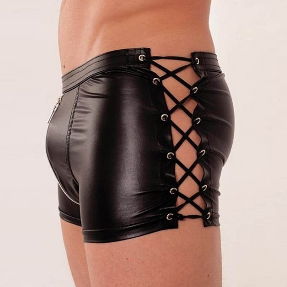 Exotic Apparel Style Men Underwear Pouch-Short Zipper Lingerie Black Boxers Shorts Pants W850544
