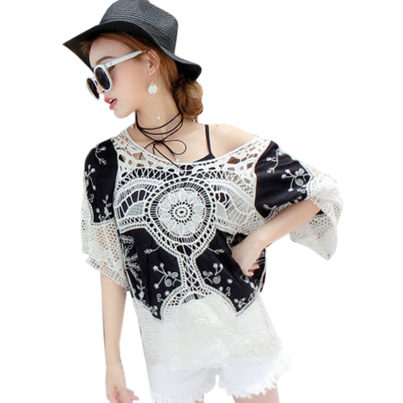 Blouse Women's Spring Crochet Lace Tops Blouse 2017 Boho Hollow Beach Cover Up Shirts Beach WT32952A