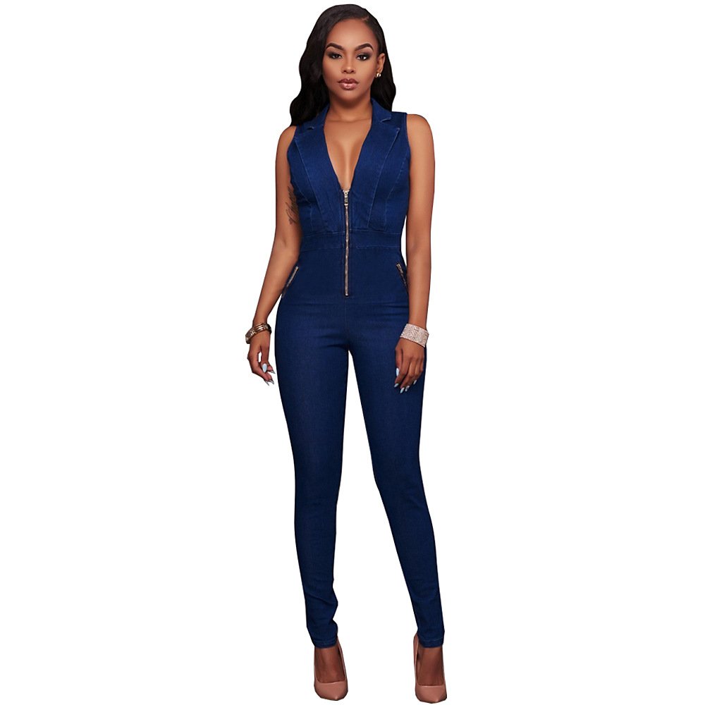 Women New Style Denim Overalls Jeans Jumpsuit Sexy Bodycoon V-Neck Zipper Bodysuits WT76075