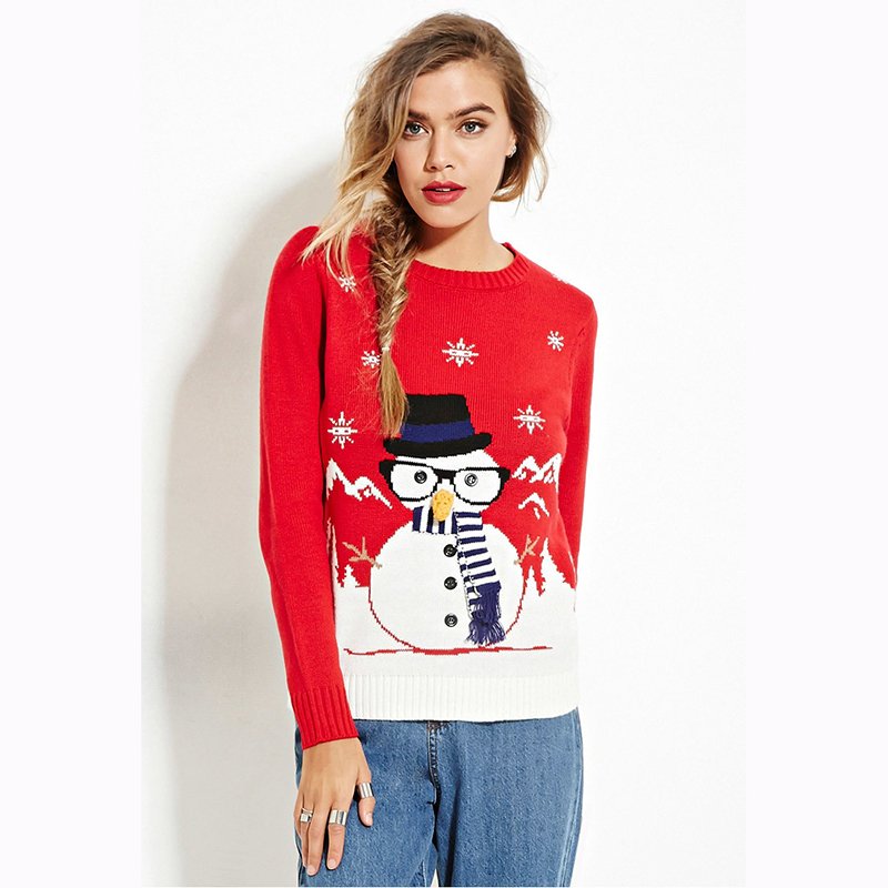 Autumn Women Snowman Print Preppy Style Full Sleeve Tops Knitted Christmas Sweater Femme WT32692