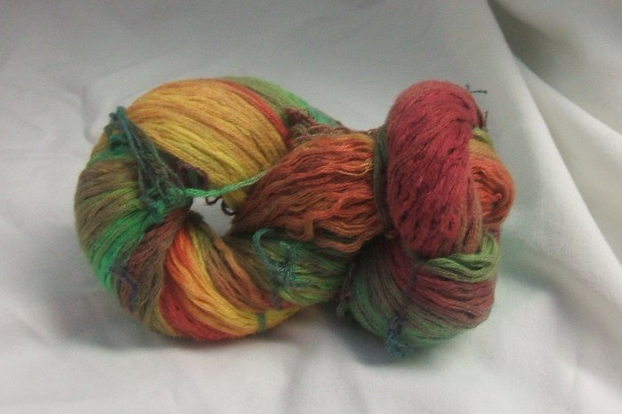 Hand dyed red/green/orange/yellow recycled cotton yarn
