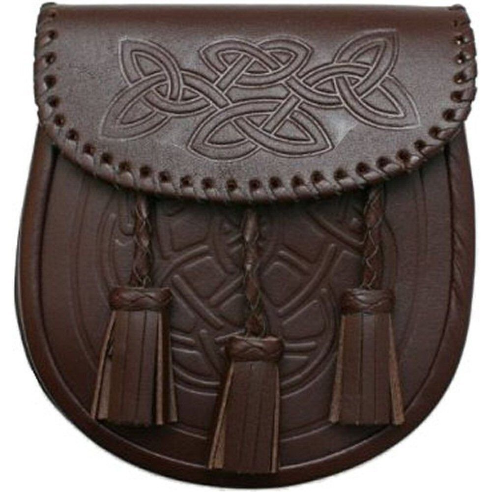 Men Embossed Scottish Brown Celtic Kilt Sporran With Metal Thistle Loin Rampant