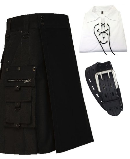 Black Pure Cotton Gothic Style Utility Kilt for Active Men