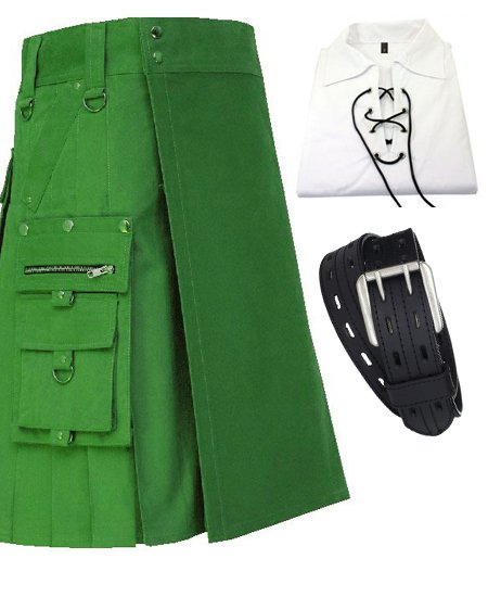 Active Men Black Cotton Utility Kilt and Two Pronged Kilt leather belt