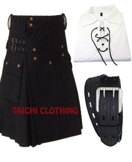 Active Men Black Cotton Prime Utility Kilt Custom Size 40