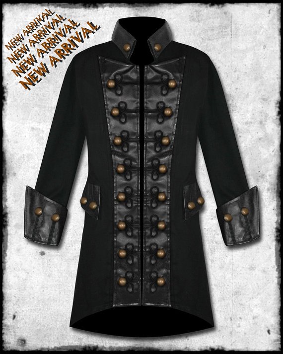 Mens Black Copper Buttons Steampunk Goth MILITARY PIRATE JACKET Coat