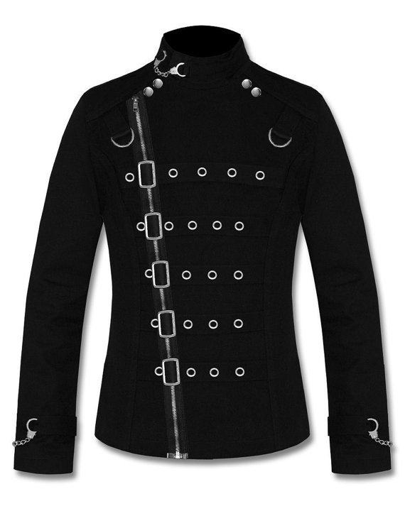 Banned Asylum BLACK Goth Vampire Metal Cuff Zip Strap Buckle Mens Jacket