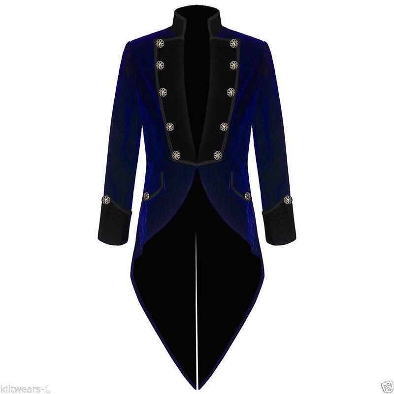 Handmade Men Tail coat Jacket Blue & Black Velvet Goth Steampunk