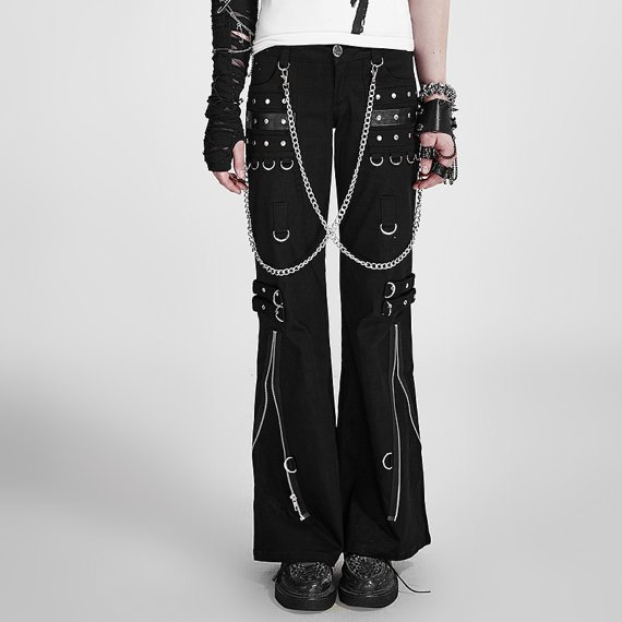 Women Black Bell-bottom Trousers Loose Zipper Motocross Flared Pants With Leg Hypertrophy