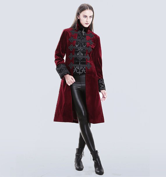 Gothic Women Winter Long Coat Fake-two-pieces Red Court Dress Coat