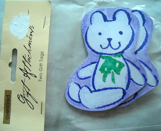 NIP 2 Gift Tags Baby Bear Purple with Green Bow New Baby or Baby Shower