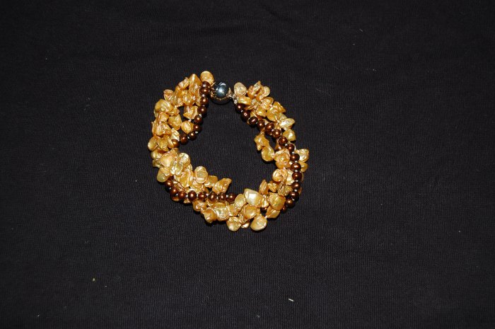 Triple Strand Gold Keshi Bracelet B1138