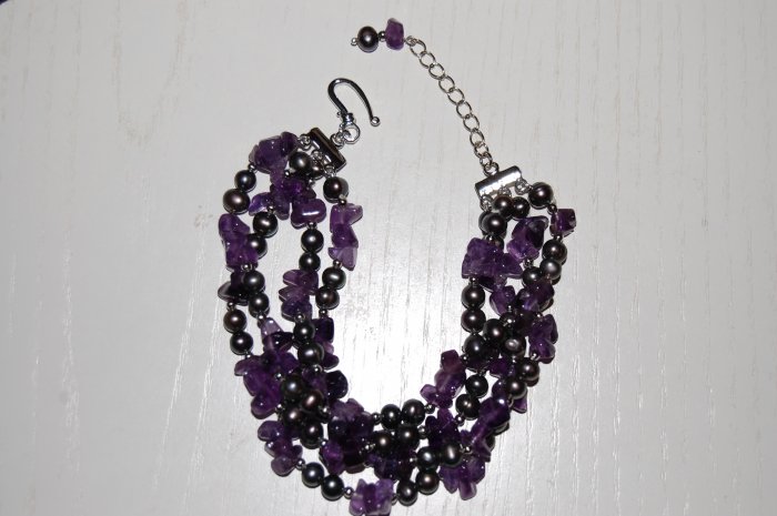 4 strand Peacock pearl w/ Amethyst Bracelet B1123