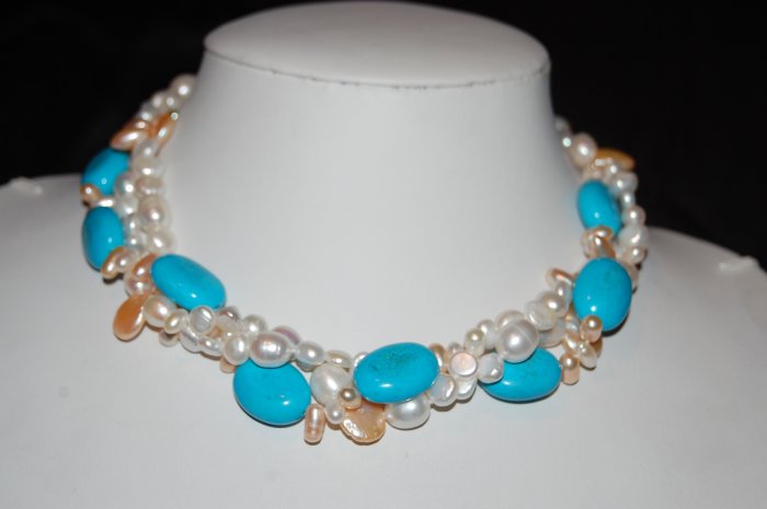 White pearls Turquoise and Pink Coin N1176