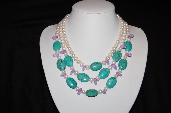 3 strand round pearls with purple stone and turquoise N1108