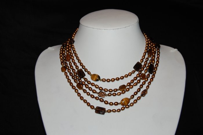 5 Strand Pearls with Tiger Eye N1163