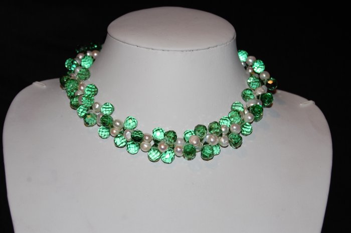 Double Strand White Pearls with Green Crystals N2002