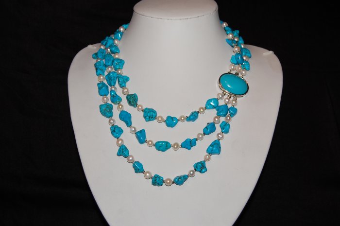 Pearl and Turquoise Triple Strand 3-3