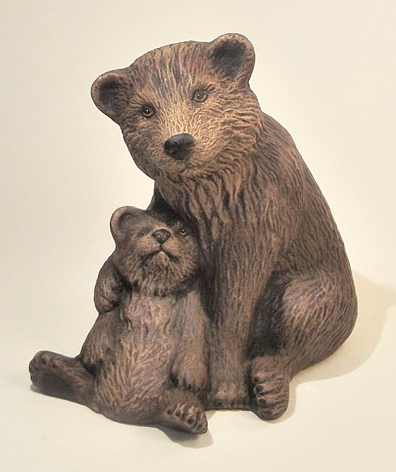 Hand Painted Ceramic Brown Bear with Cub Figurine