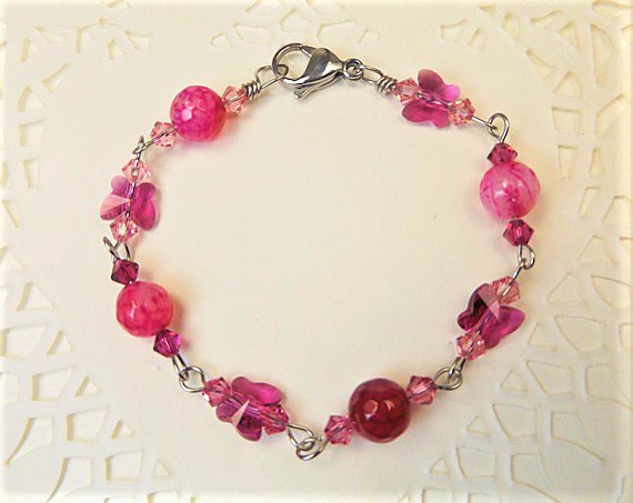 Pink Agate and Crystal Butterfly Bracelet