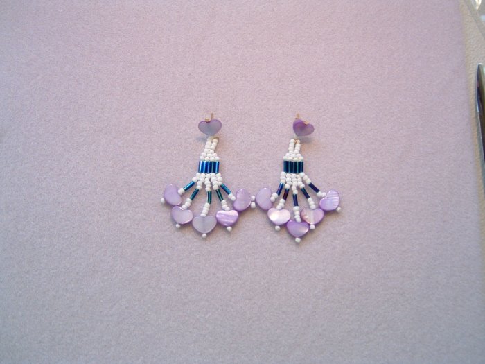 Beaded Dangle Earrings w/ Hearts - White-Blue-Lavender