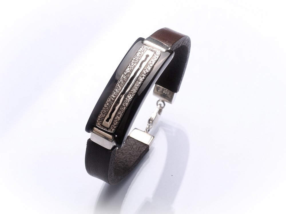 Men unisex bracelet Dark brown leather bracelet Textured oxidized sterling silver
