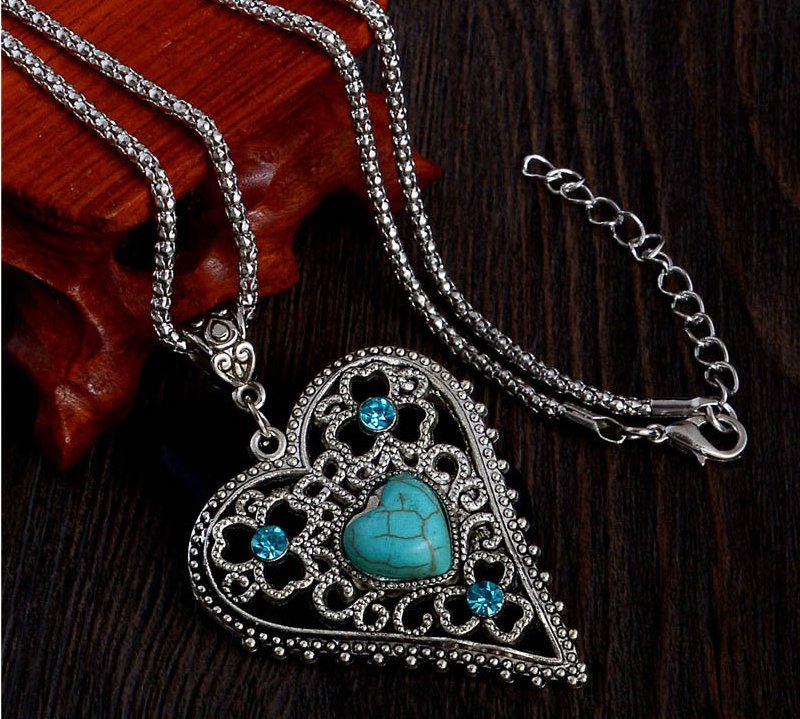 New blue heartstone pendant silver chain crystal vintage heart long necklaces women collier femme