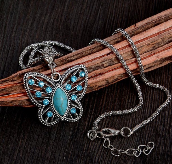 Silver Pendant Necklace Crystal Butterfly Turquoise Long Necklace Sweater Chain