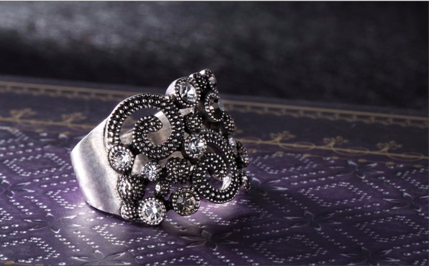 Silver Color Vintage Cocktail Rings Rhinestone Paved Lucky Totem Retro Party Rings Size 8