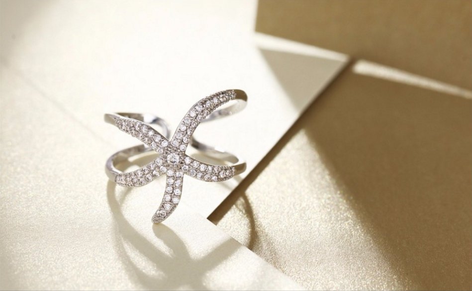 Platinum Plated Copper Starfish Cuff Rings Zircons Wedding Party Finger Ring Adjustable Ring