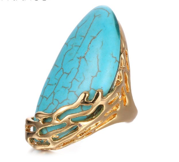 Natural Stone Ethnic Vintage Geometric Statement Large Rings Turquoise Gold Plated