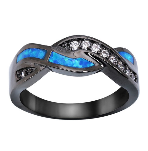 Vintage Black Gold Plated Wave Blue Opal Rings Wholesale Fashion Jewelry Party Cocktail Ring