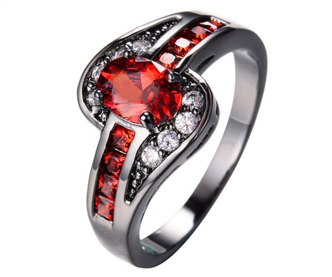 Red Oval Ring Fashion White & Black Gold Filled Jewelry Vintage Rings