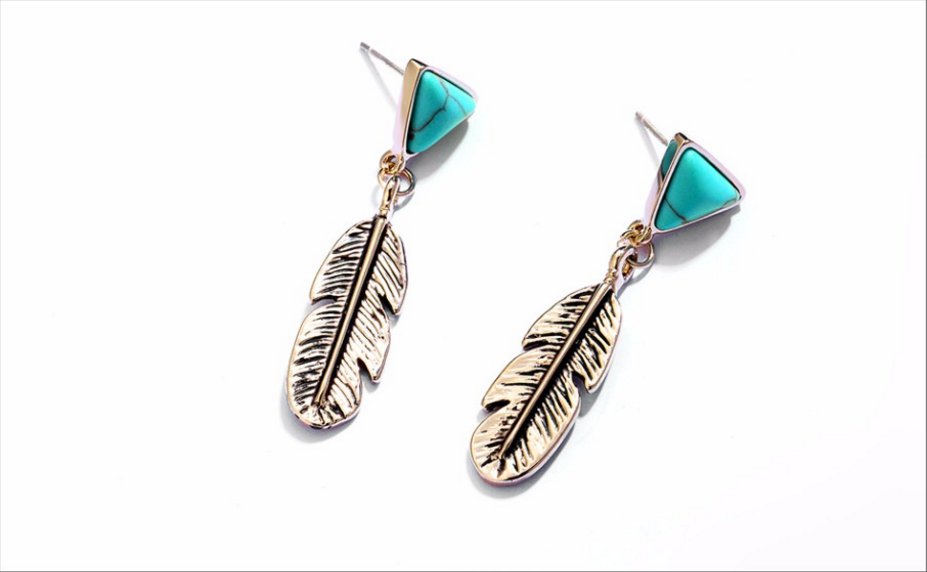 Champagne Gold Color Feather Drop Earrings for Women Triangle Simulated Turquoise Dangle Earring