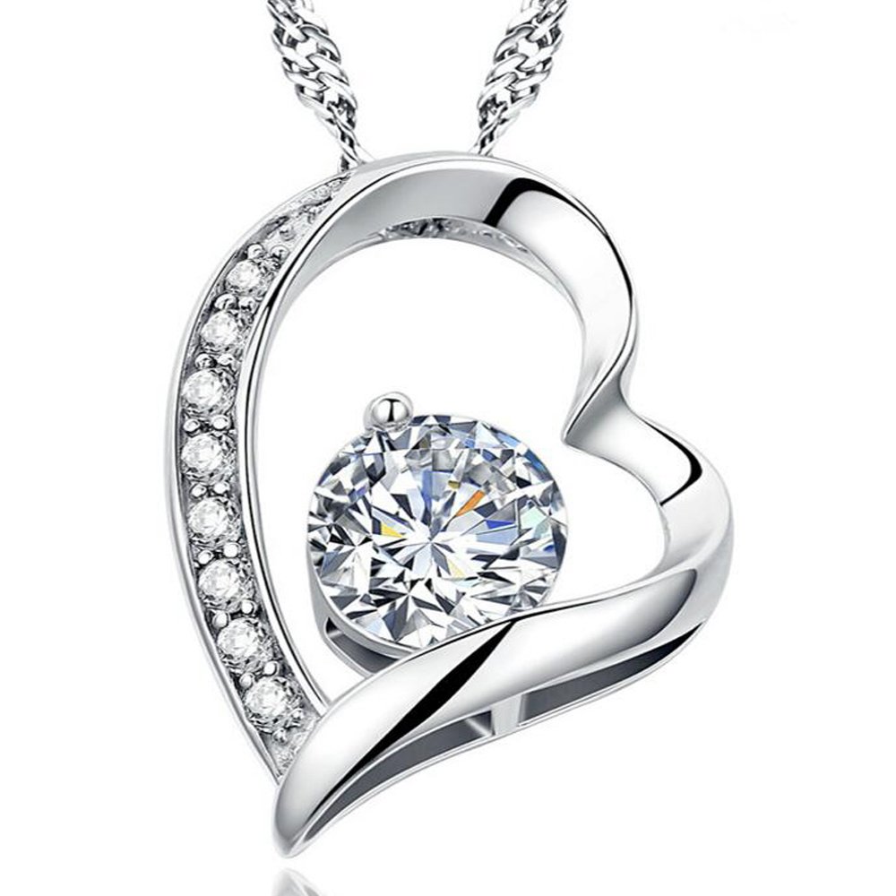 Necklace Heart Shaped Platinum Plated with Cubic Zircon