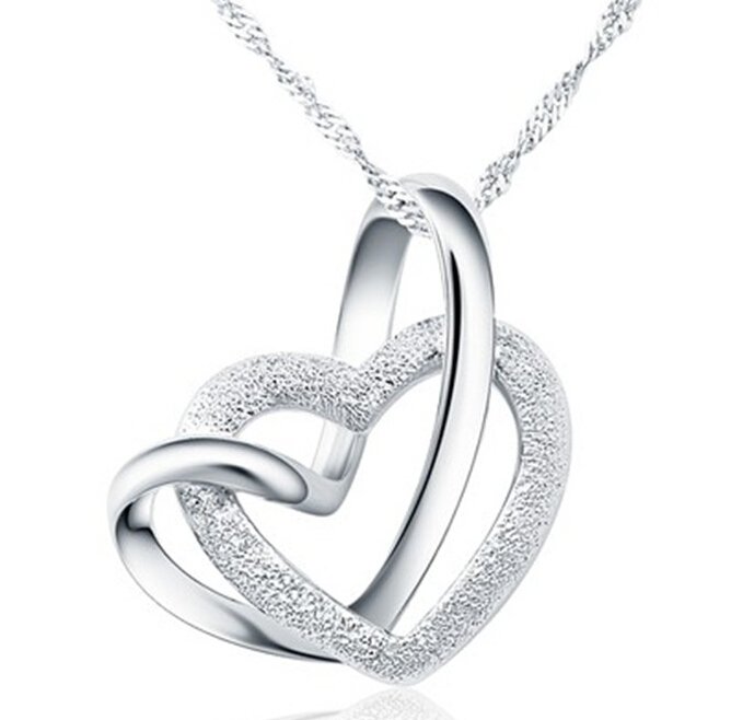 Double Heart Grind Arenaceous Silver Tone Pendant Necklace
